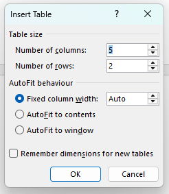 Insert table dialog in Word